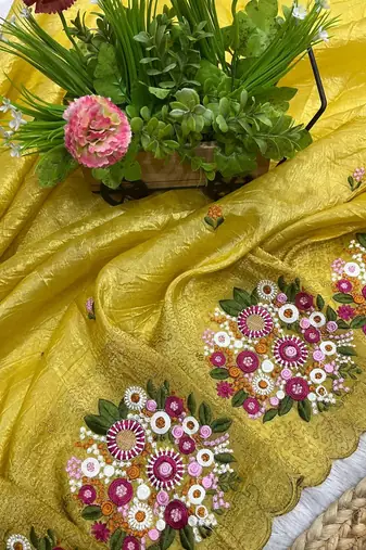 mustard yellow gold crush embroidered cut work saree
