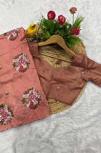 peach gold crush embroidered cut work saree