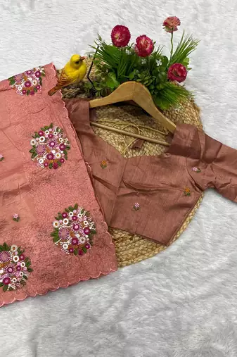 peach gold crush embroidered cut work saree