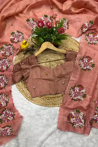 peach gold crush embroidered cut work saree