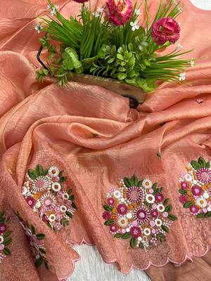 peach gold crush embroidered cut work saree 3