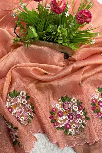 peach gold crush embroidered cut work saree