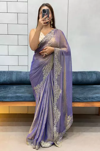 blue fendy silk blend diamond work saree with blouse