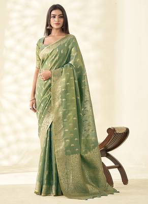 Sea green woven linen tissue silk saree 1