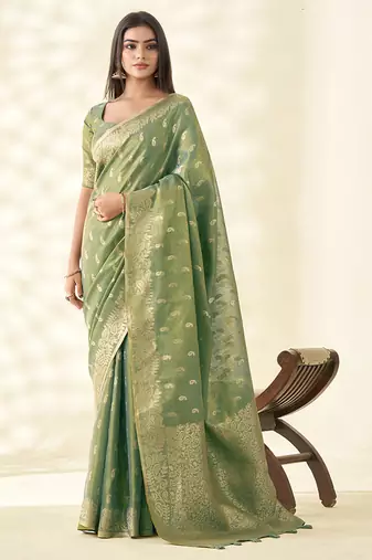 Sea green woven linen tissue silk saree