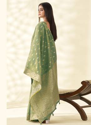 Sea green woven linen tissue silk saree 2