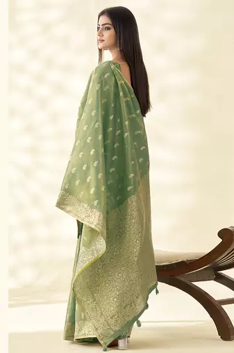 Sea green woven linen tissue silk saree