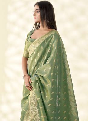 Sea green woven linen tissue silk saree 3