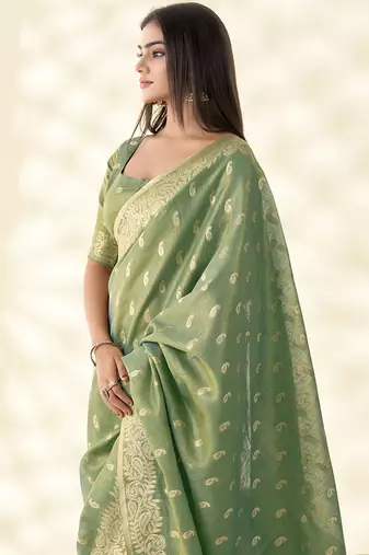 Sea green woven linen tissue silk saree
