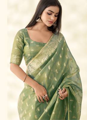 Sea green woven linen tissue silk saree 4