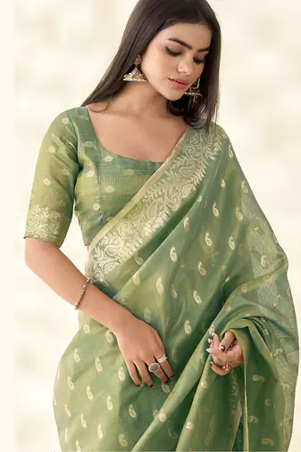 Sea green woven linen tissue silk saree