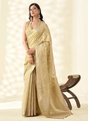 Beige woven linen tissue silk saree 1