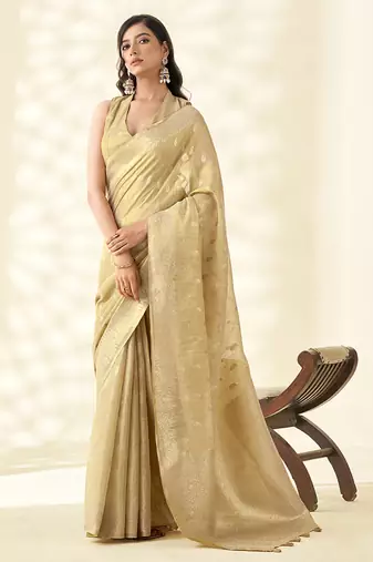 Beige woven linen tissue silk saree