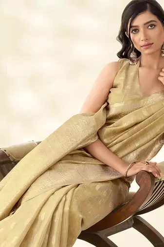 Beige woven linen tissue silk saree