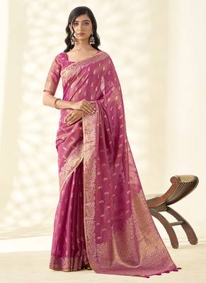 Dark pink woven linen tissue silk saree 1