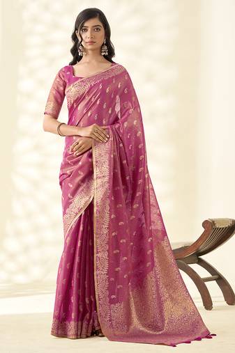 Dark pink woven linen tissue silk saree