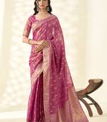 Dark pink woven linen tissue silk saree