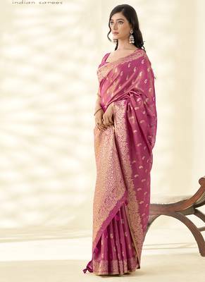 Dark pink woven linen tissue silk saree 2