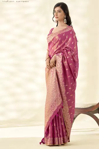 Dark pink woven linen tissue silk saree