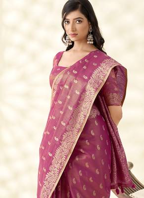 Dark pink woven linen tissue silk saree 3