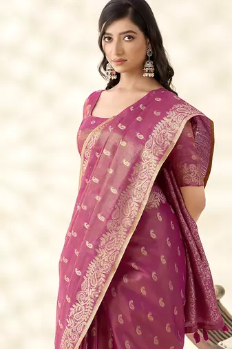 Dark pink woven linen tissue silk saree