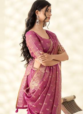 Dark pink woven linen tissue silk saree 4