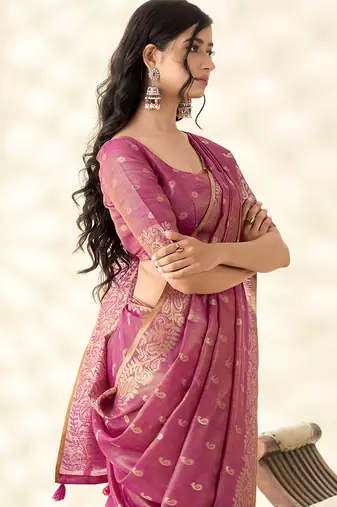 Dark pink woven linen tissue silk saree
