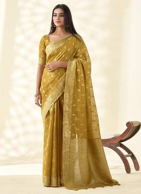 Mustard woven linen tissue silk saree 1