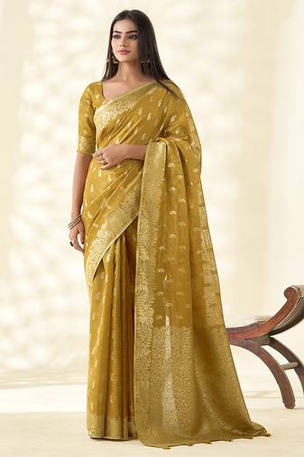 Mustard woven linen tissue silk saree