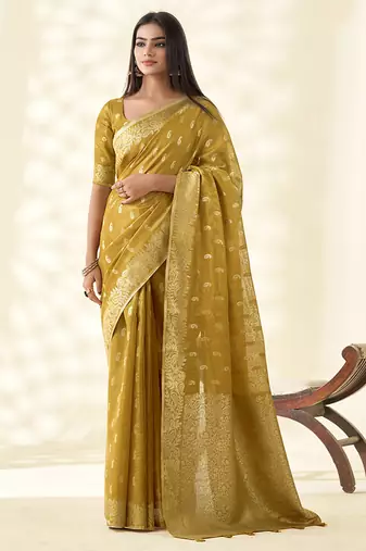 Mustard woven linen tissue silk saree