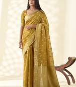Mustard woven linen tissue silk saree