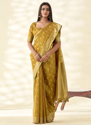 Mustard woven linen tissue silk saree 2