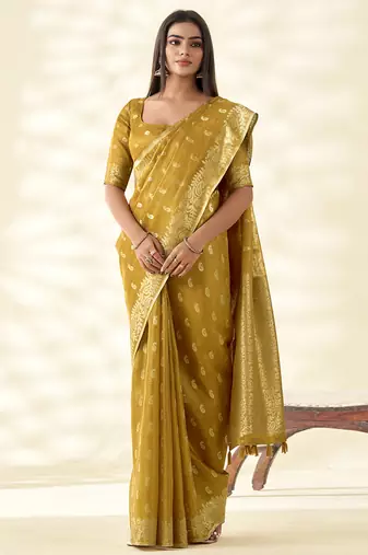Mustard woven linen tissue silk saree