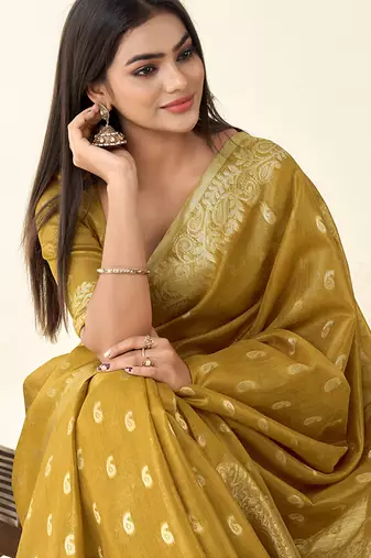 Mustard woven linen tissue silk saree