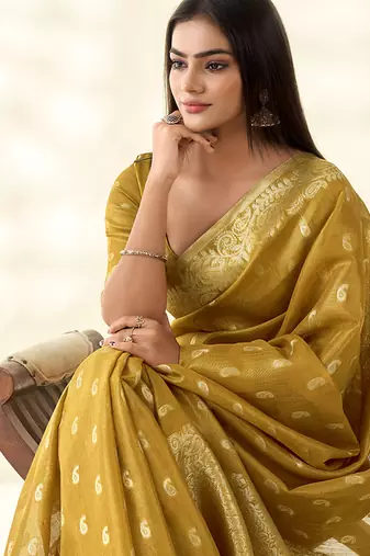 Mustard woven linen tissue silk saree
