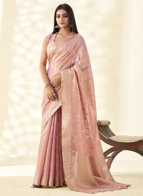 Baby pink woven linen tissue silk saree 1