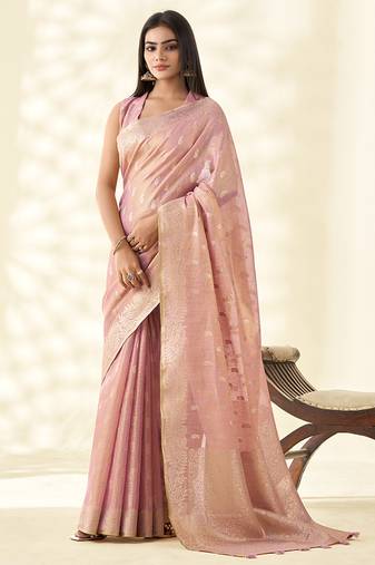 Baby pink woven linen tissue silk saree
