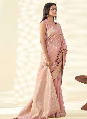 Baby pink woven linen tissue silk saree 2