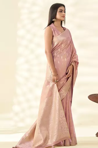 Baby pink woven linen tissue silk saree
