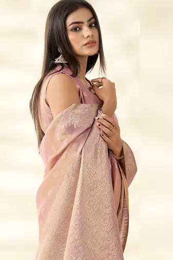 Baby pink woven linen tissue silk saree