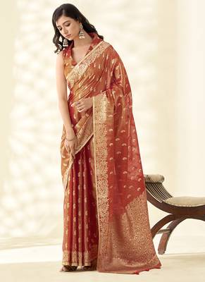 Dark orange woven linen tissue silk saree 1