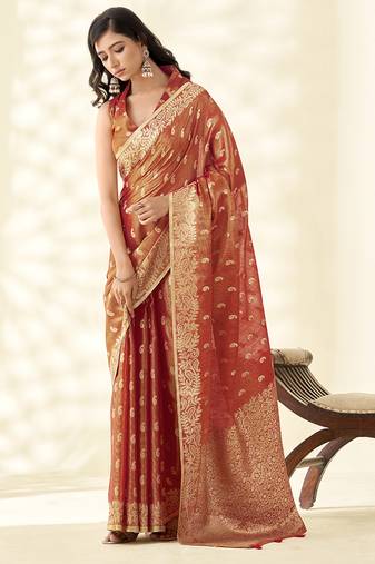 Dark orange woven linen tissue silk saree