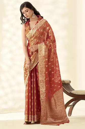 Dark orange woven linen tissue silk saree