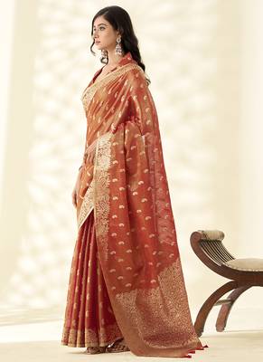 Dark orange woven linen tissue silk saree 2
