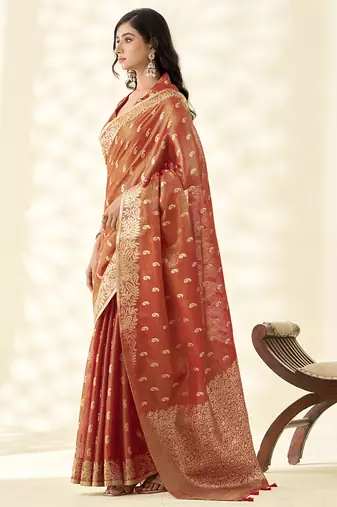 Dark orange woven linen tissue silk saree
