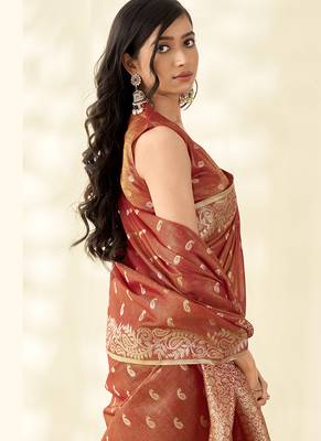 Dark orange woven linen tissue silk saree 3