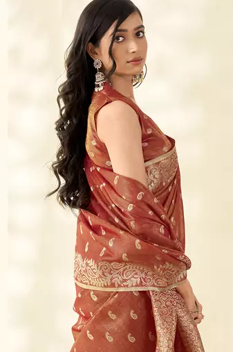 Dark orange woven linen tissue silk saree