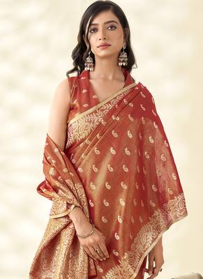 Dark orange woven linen tissue silk saree 4