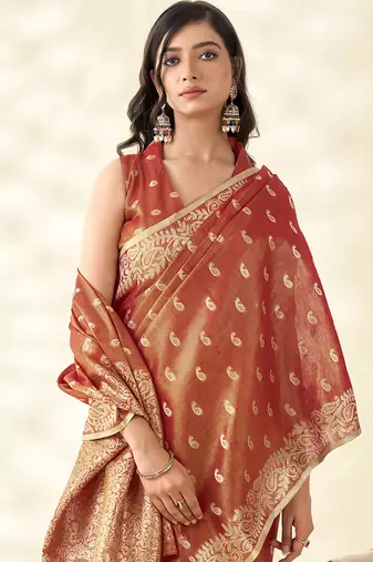 Dark orange woven linen tissue silk saree