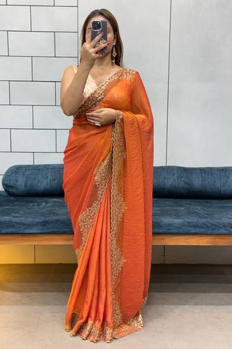 orange fendy silk blend diamond work saree with blouse